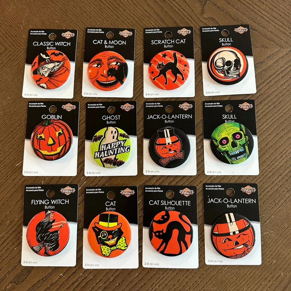 Beistle Halloween Button Pin Lot 12pc Retro Witch Cat Skull Ghost 2in